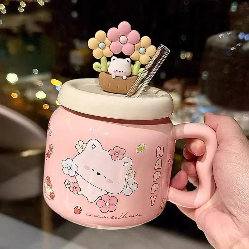 Cute Floral Kitty Ceramic Mug with Lid & Glass Straw