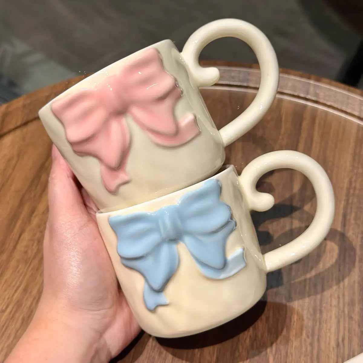 3D Bow Ceramic Mug with Rose Lid Aesthetic Pastel Coffee Mug