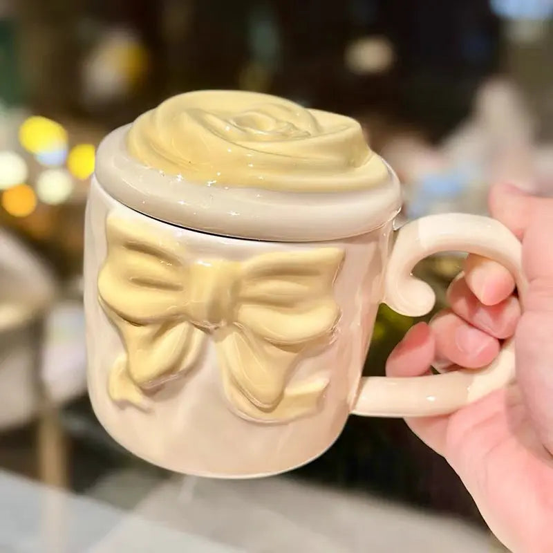 3D Bow Ceramic Mug with Rose Lid Aesthetic Pastel Coffee Mug