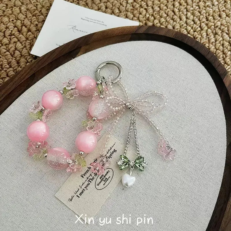 Pink Beaded Phone Charm Bracelet Kawaii Wrist Strap Keychain
