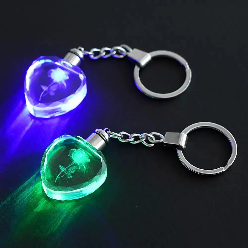 LED Crystal Heart Keychain Light Up Rose Key Ring