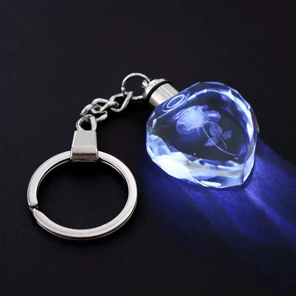 LED Crystal Heart Keychain Light Up Rose Key Ring