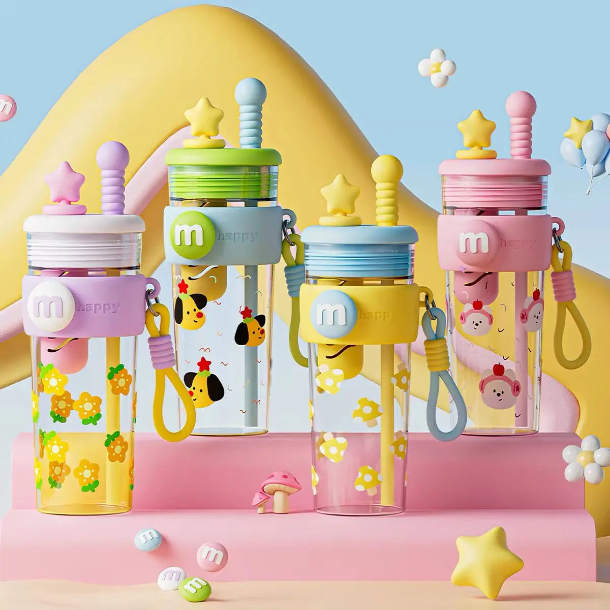 Cute Cartoon Star Straw Water Bottle with Carrying Strap