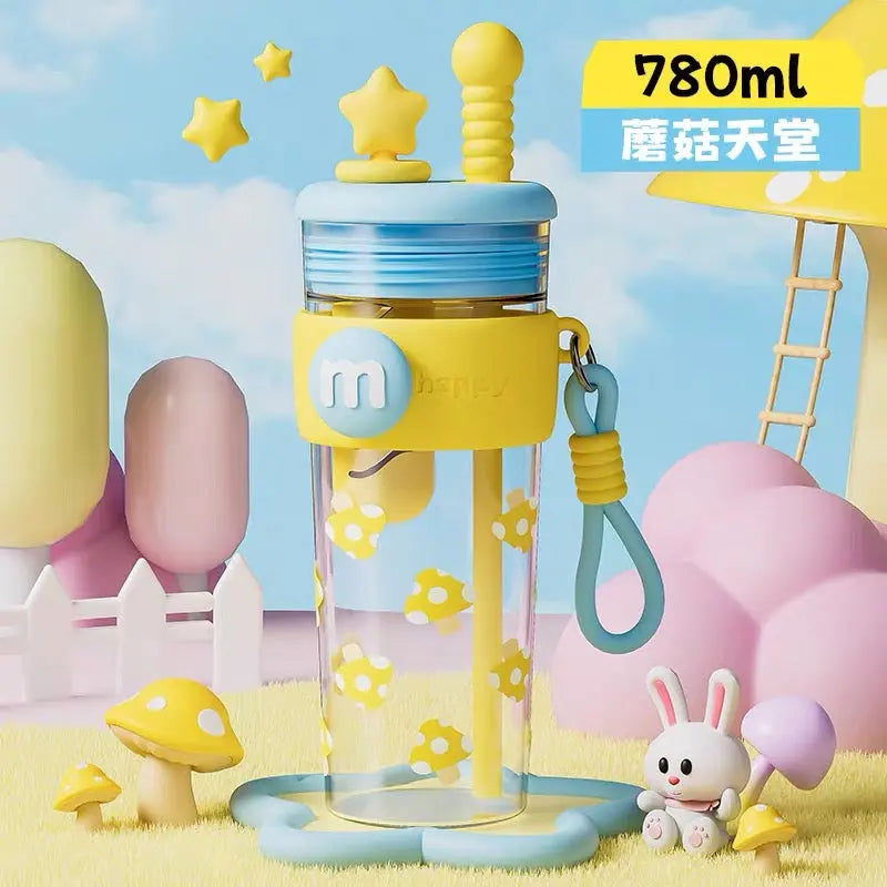 Cute Cartoon Star Straw Water Bottle with Carrying Strap