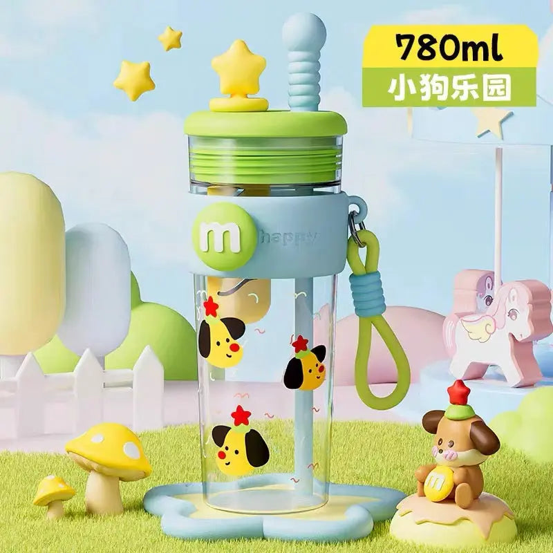 Cute Cartoon Star Straw Water Bottle with Carrying Strap