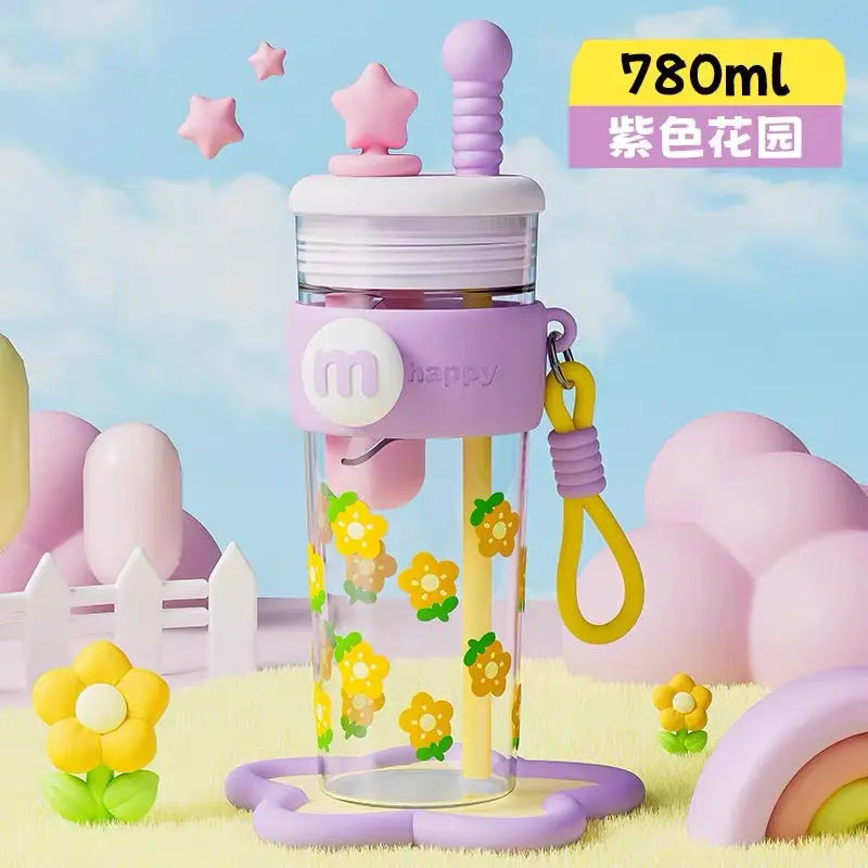 Cute Cartoon Star Straw Water Bottle with Carrying Strap