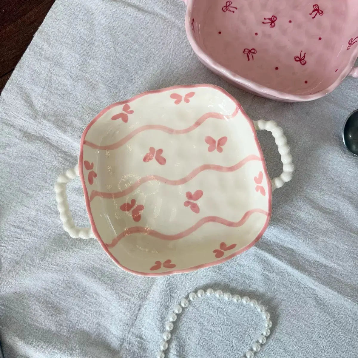 Kawaii Pink Butterfly Ceramic Serving Bowl with Double Handles