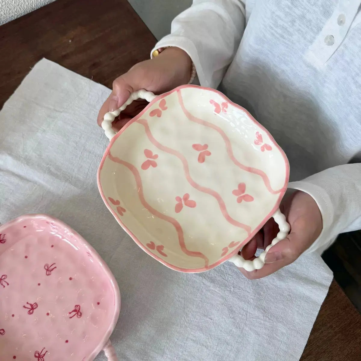 Kawaii Pink Butterfly Ceramic Serving Bowl with Double Handles