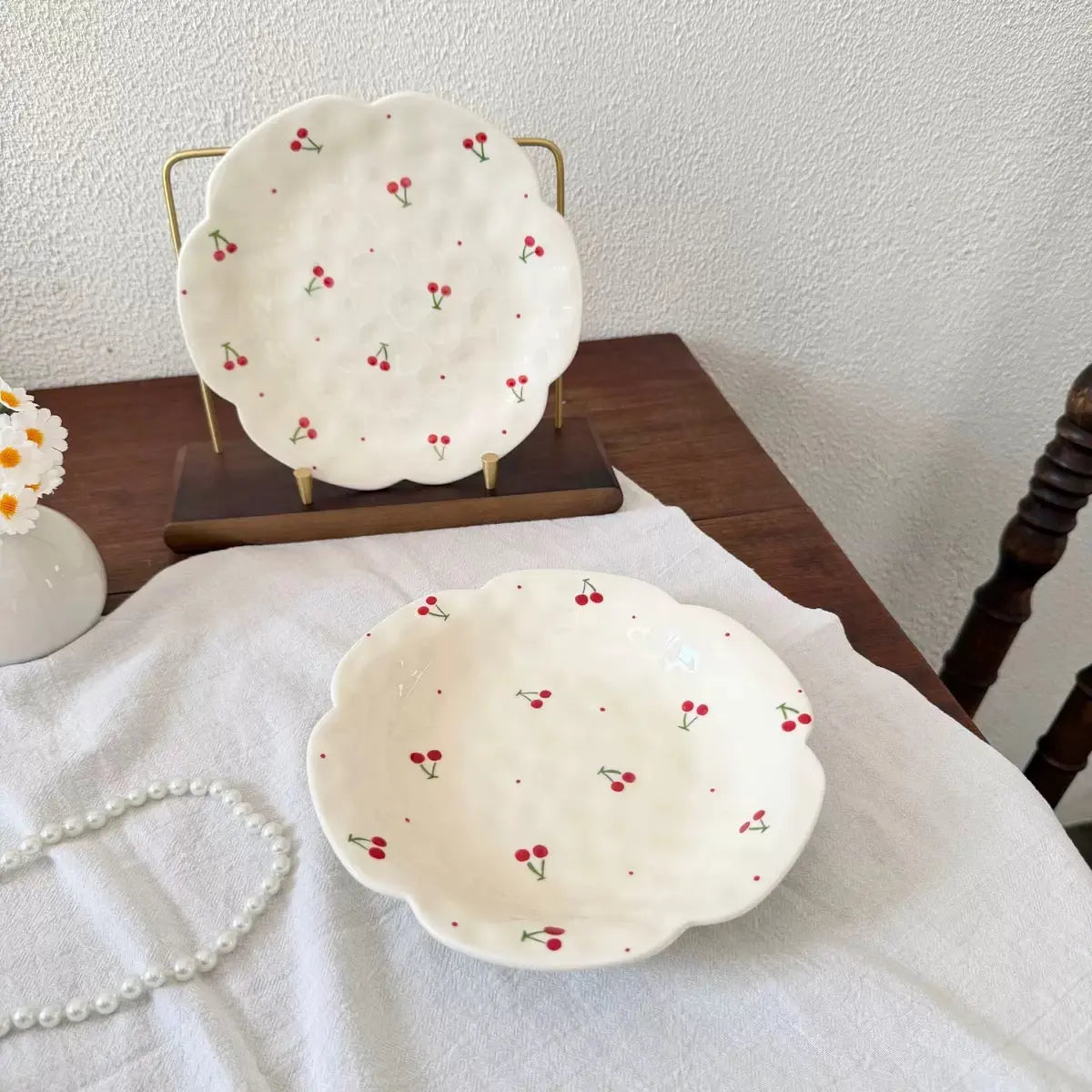 Kawaii Cherry Ceramic Scalloped Serving Plate