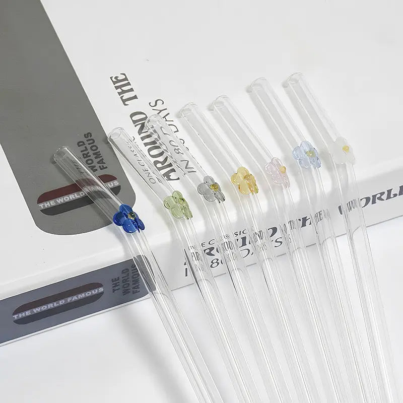 Cute Flower Glass Straw Reusable Transparent Drinking Straw