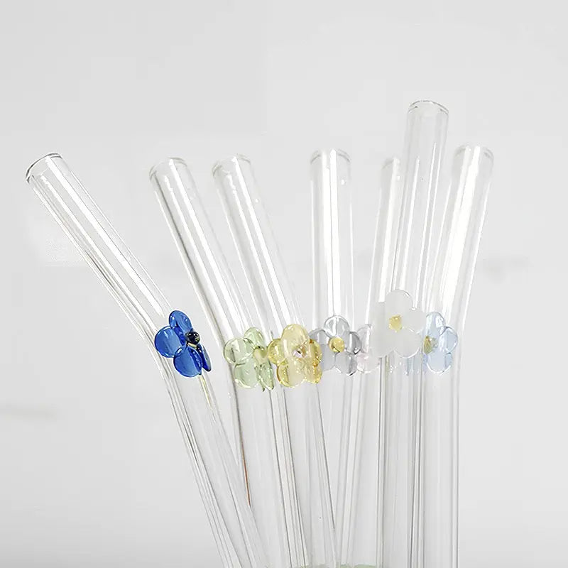 Cute Flower Glass Straw Reusable Transparent Drinking Straw