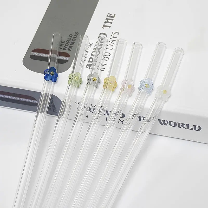 Cute Flower Glass Straw Reusable Transparent Drinking Straw