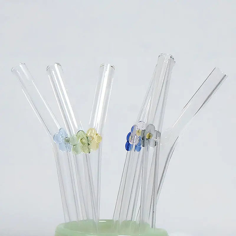 Cute Flower Glass Straw Reusable Transparent Drinking Straw
