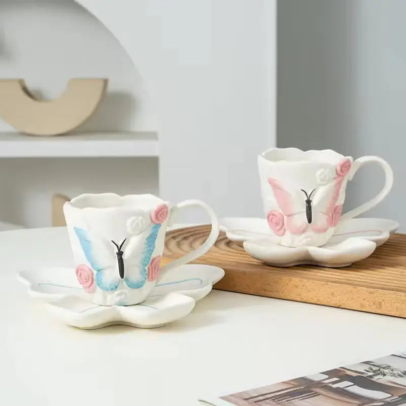 Vintage Butterfly Ceramic Coffee Cup & Saucer Set Elegant Floral Mug