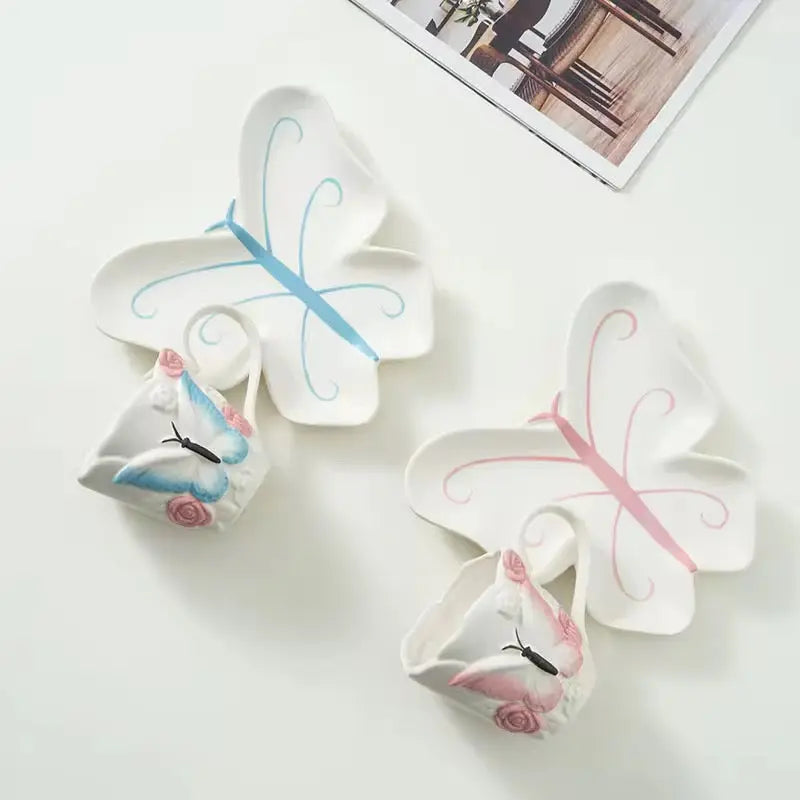 Vintage Butterfly Ceramic Coffee Cup & Saucer Set Elegant Floral Mug