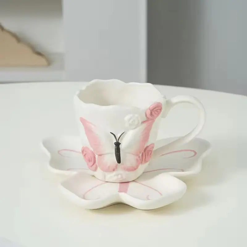 Vintage Butterfly Ceramic Coffee Cup & Saucer Set Elegant Floral Mug