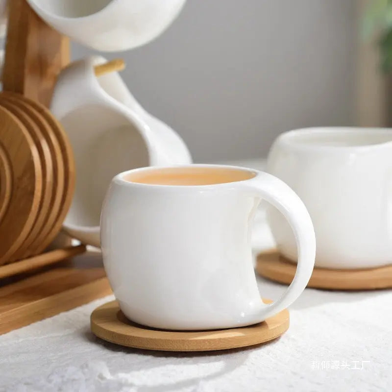 Premium Ceramic Cup Set with Wooden Stand 6 Cups & Bamboo Organizer Sparkels  Sparkels