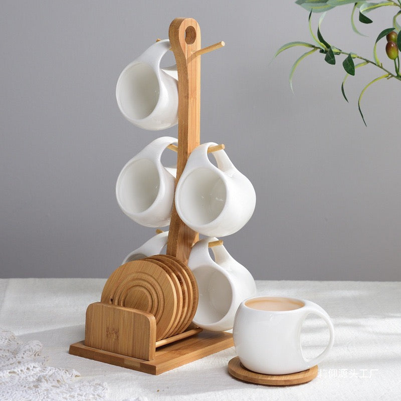 Premium Ceramic Cup Set with Wooden Stand 6 Cups & Bamboo Organizer