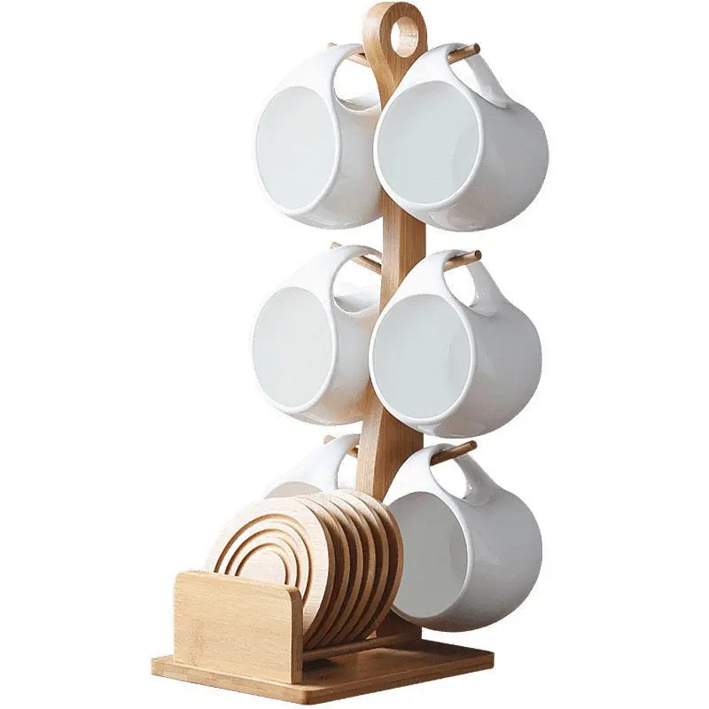 Premium Ceramic Cup Set with Wooden Stand 6 Cups & Bamboo Organizer Sparkels  Sparkels