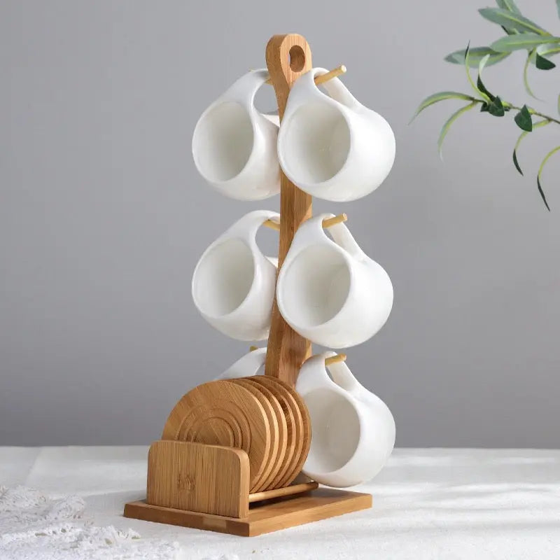 Premium Ceramic Cup Set with Wooden Stand 6 Cups & Bamboo Organizer Sparkels  Sparkels