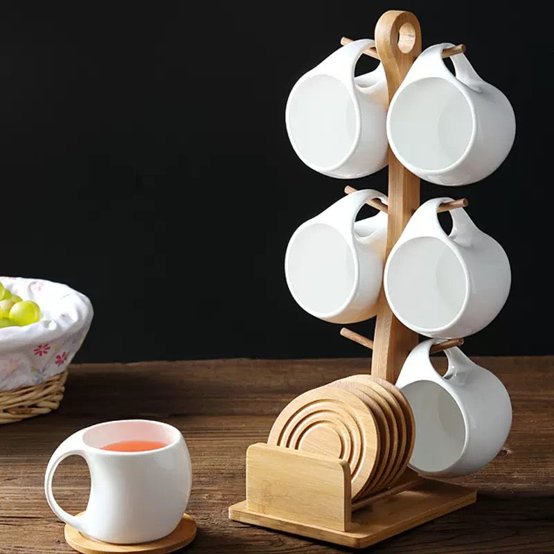 Premium Ceramic Cup Set with Wooden Stand 6 Cups & Bamboo Organizer
