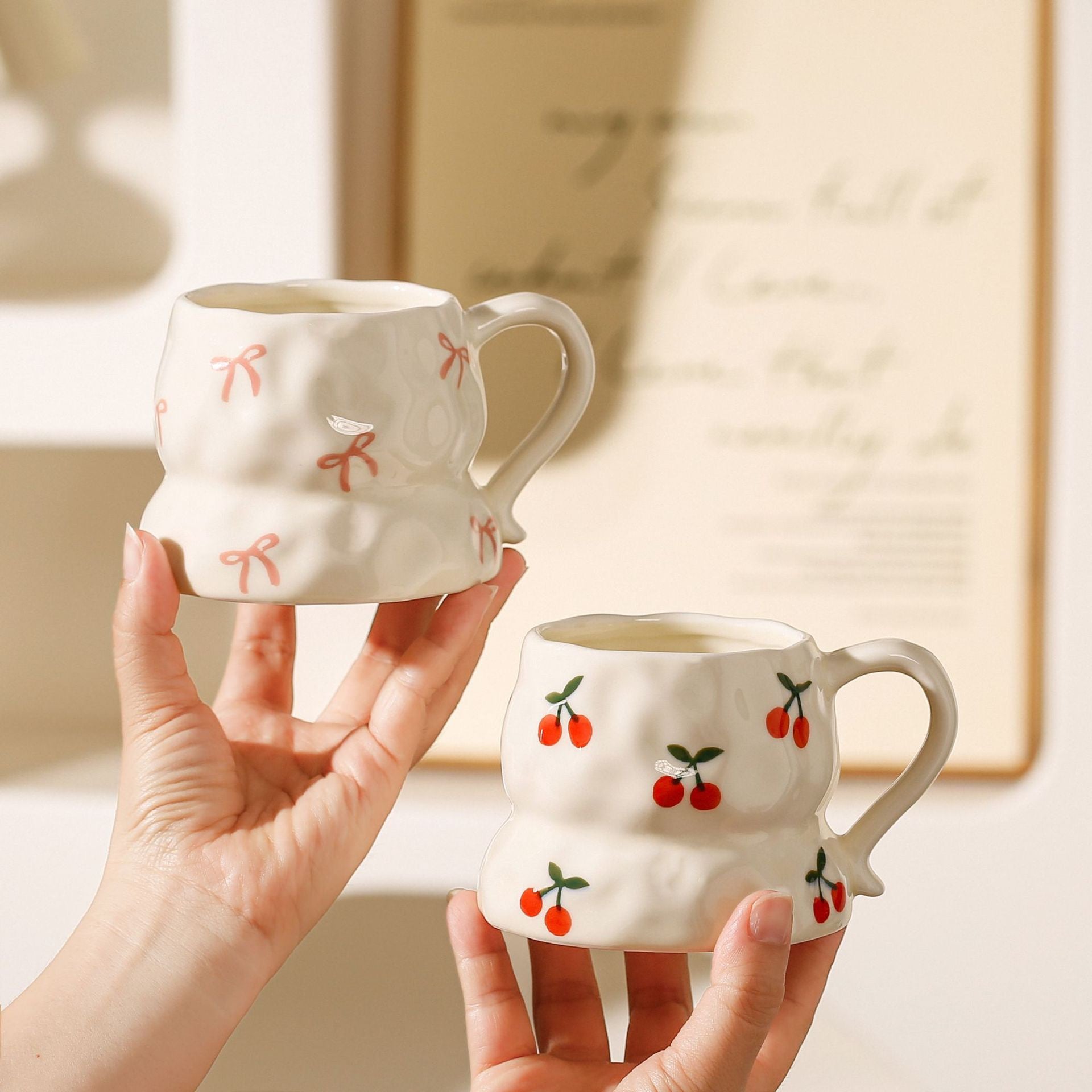 Cute Aesthetic Ceramic Mug Floral, Heart & Cherry Design Coffee Cup