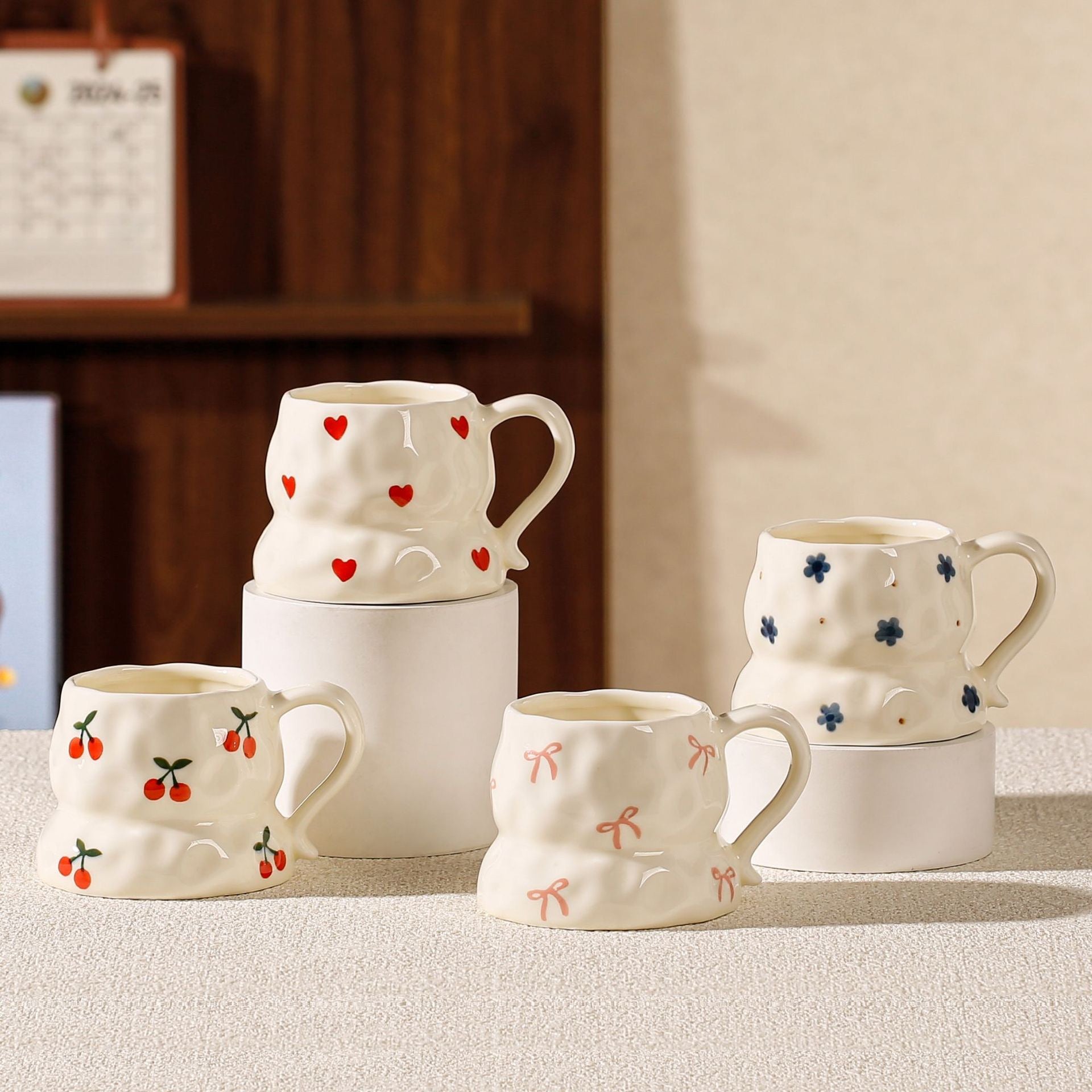 Cute Aesthetic Ceramic Mug Floral, Heart & Cherry Design Coffee Cup