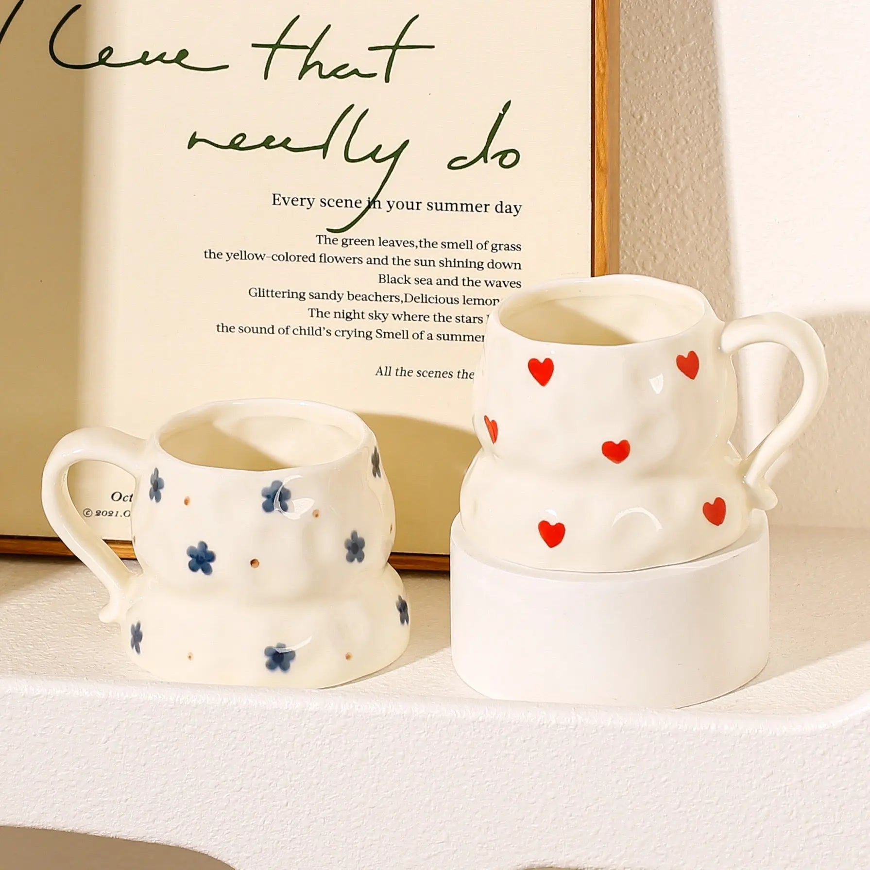 Cute Aesthetic Ceramic Mug Floral, Heart & Cherry Design Coffee Cup Sparkels  Sparkels