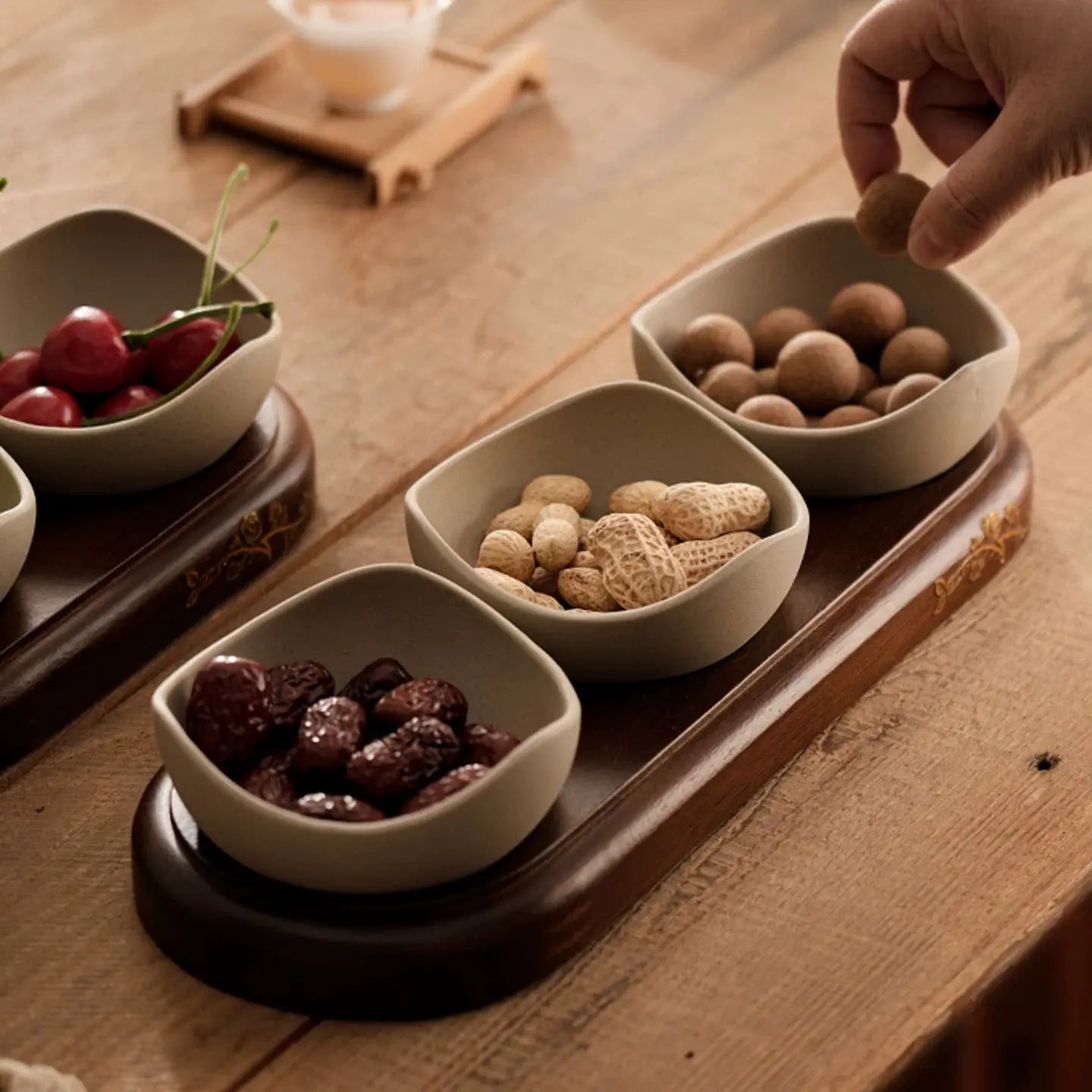 Elegant Snack Serving Tray Set Ceramic Bowls with Wooden Base Sparkels  Sparkels