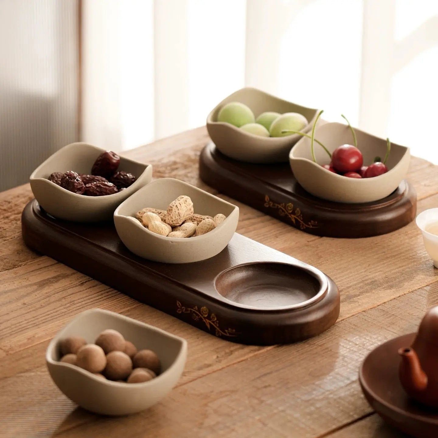 Elegant Snack Serving Tray Set Ceramic Bowls with Wooden Base Sparkels  Sparkels