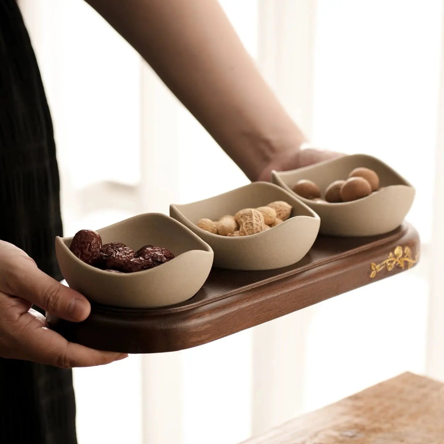 Elegant Snack Serving Tray Set Ceramic Bowls with Wooden Base Sparkels  Sparkels