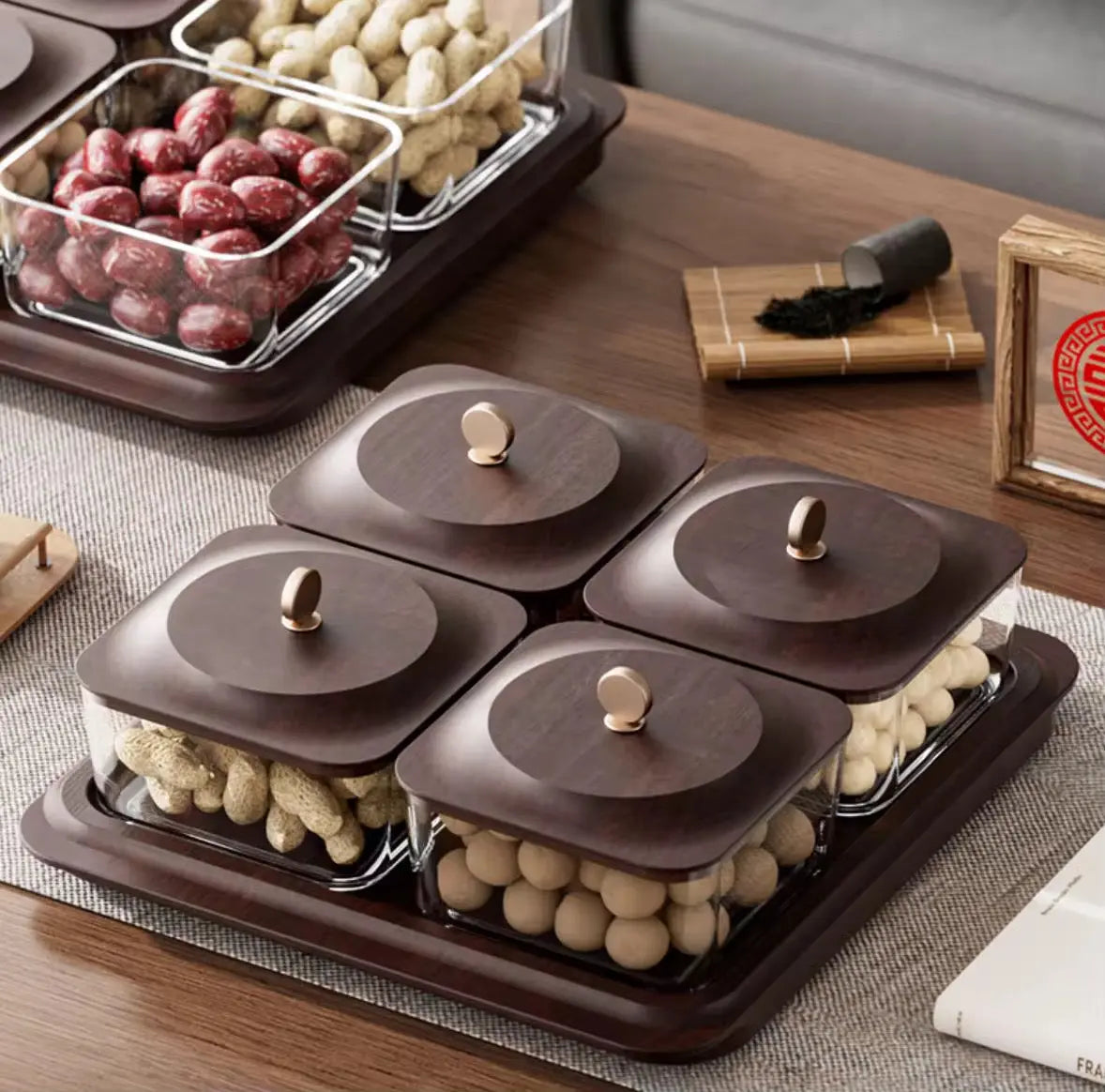 Luxury Snack Storage Tray Set  4 Compartment Airtight Containers with Wooden Lid