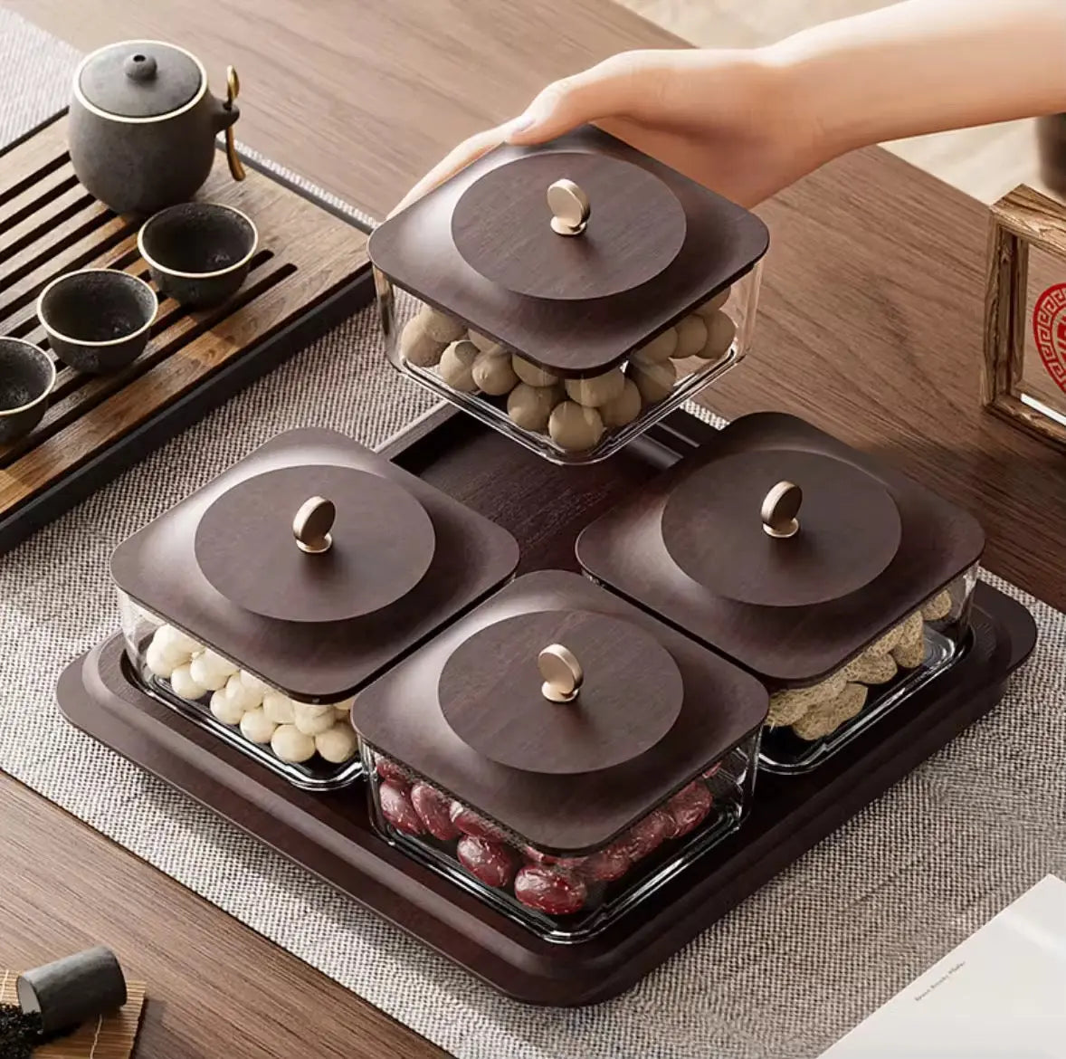 Luxury Snack Storage Tray Set  4 Compartment Airtight Containers with Wooden Lid
