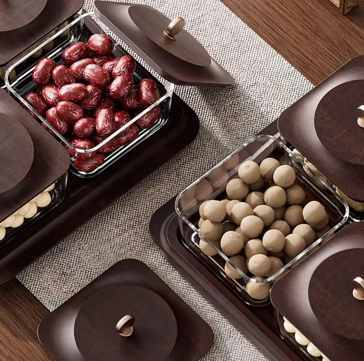 Luxury Snack Storage Tray Set  4 Compartment Airtight Containers with Wooden Lid