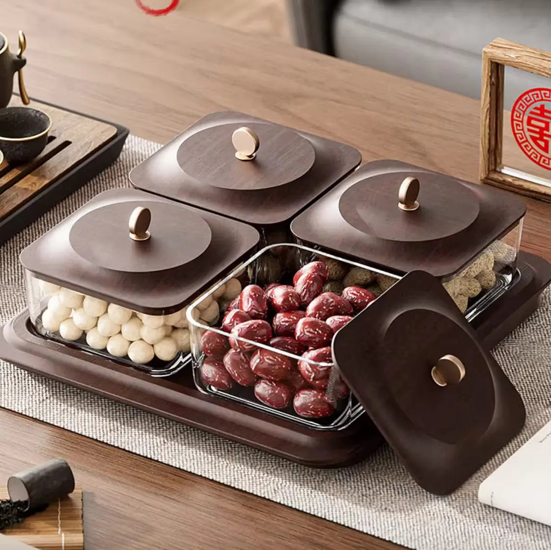 Luxury Snack Storage Tray Set  4 Compartment Airtight Containers with Wooden Lid