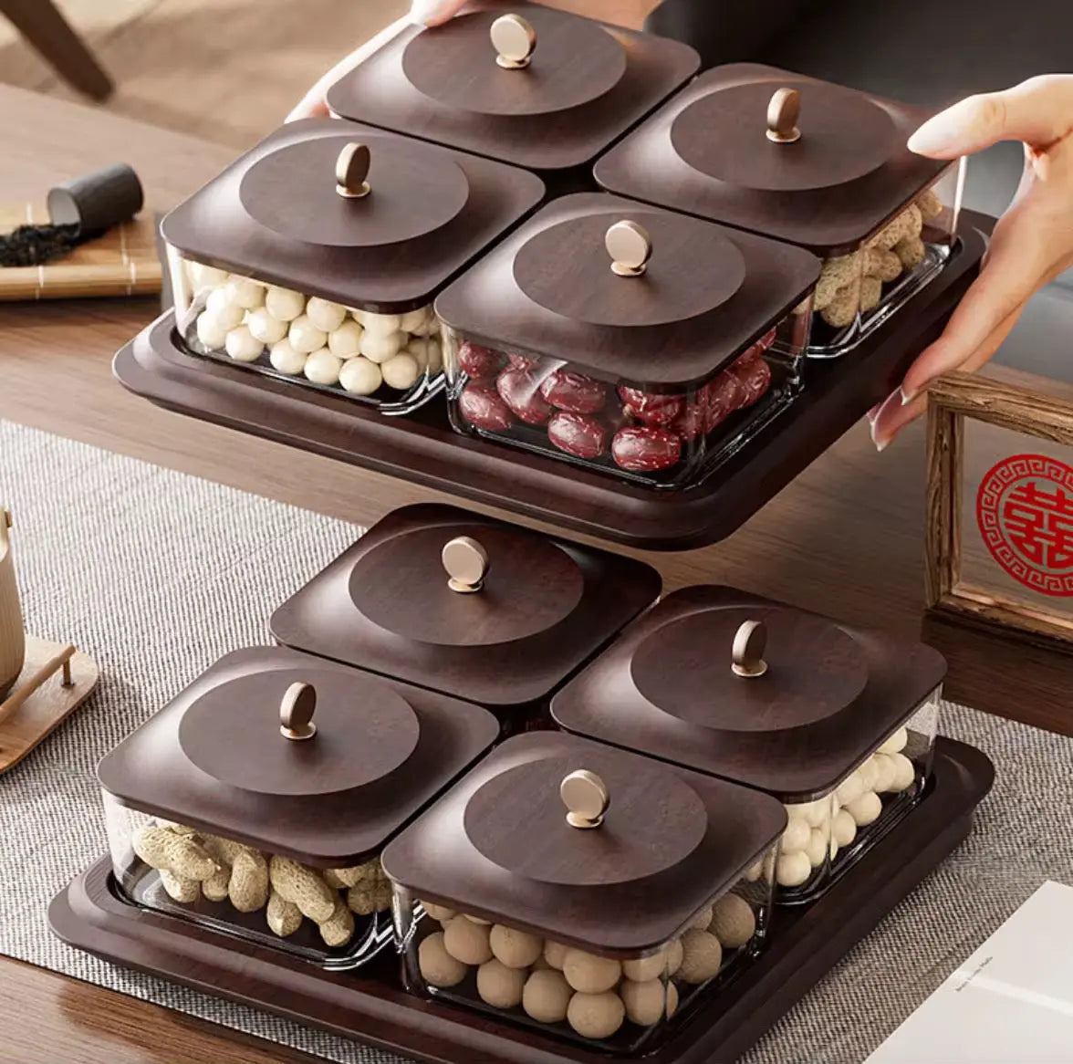 Luxury Snack Storage Tray Set  4 Compartment Airtight Containers with Wooden Lid