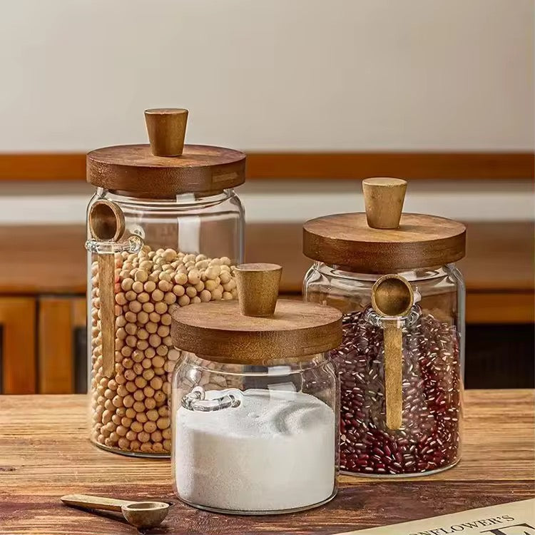 3pcs Airtight Glass Storage Jars with Wooden Lid & Scoop Kitchen Organizer Set
