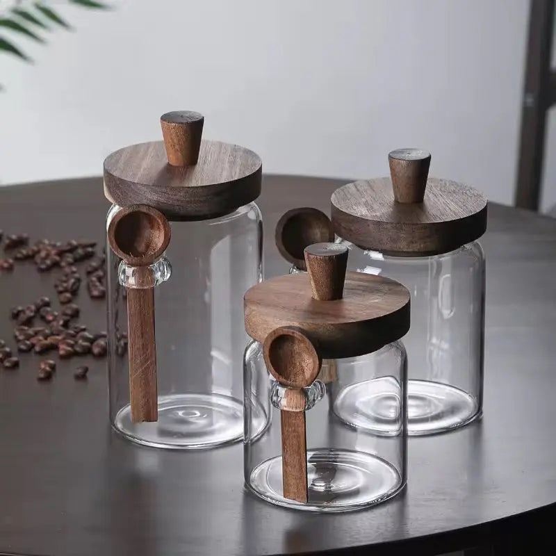 3pcs Airtight Glass Storage Jars with Wooden Lid & Scoop Kitchen Organizer Set Sparkels  Sparkels