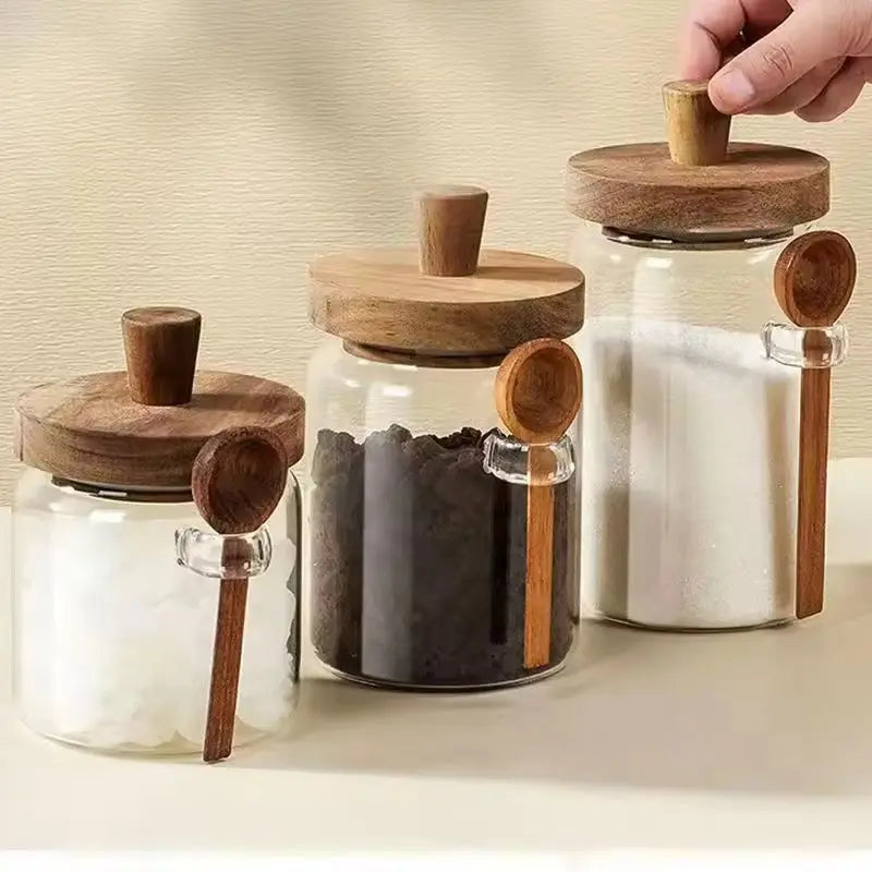 3pcs Airtight Glass Storage Jars with Wooden Lid & Scoop Kitchen Organizer Set Sparkels  Sparkels