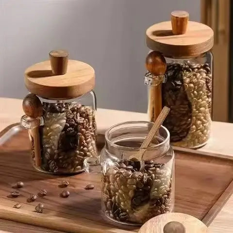 3pcs Airtight Glass Storage Jars with Wooden Lid & Scoop Kitchen Organizer Set Sparkels  Sparkels