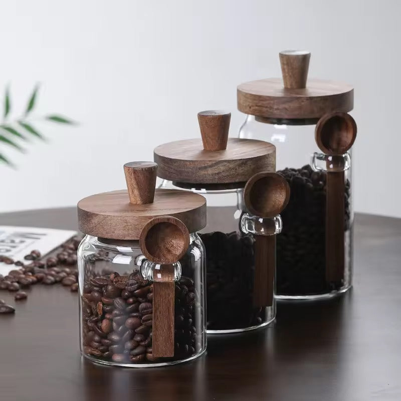 3pcs Airtight Glass Storage Jars with Wooden Lid & Scoop Kitchen Organizer Set