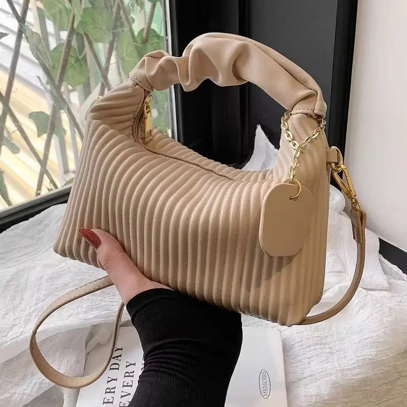 Luxury Pleated Shoulder Bag Elegant Textured Handbag with Strap