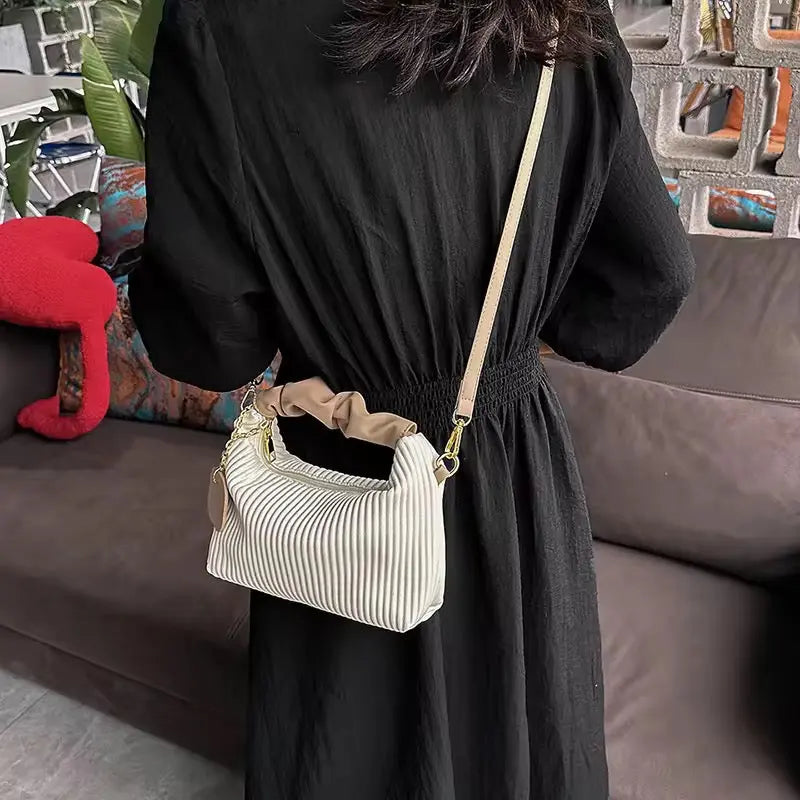 Luxury Pleated Shoulder Bag Elegant Textured Handbag with Strap