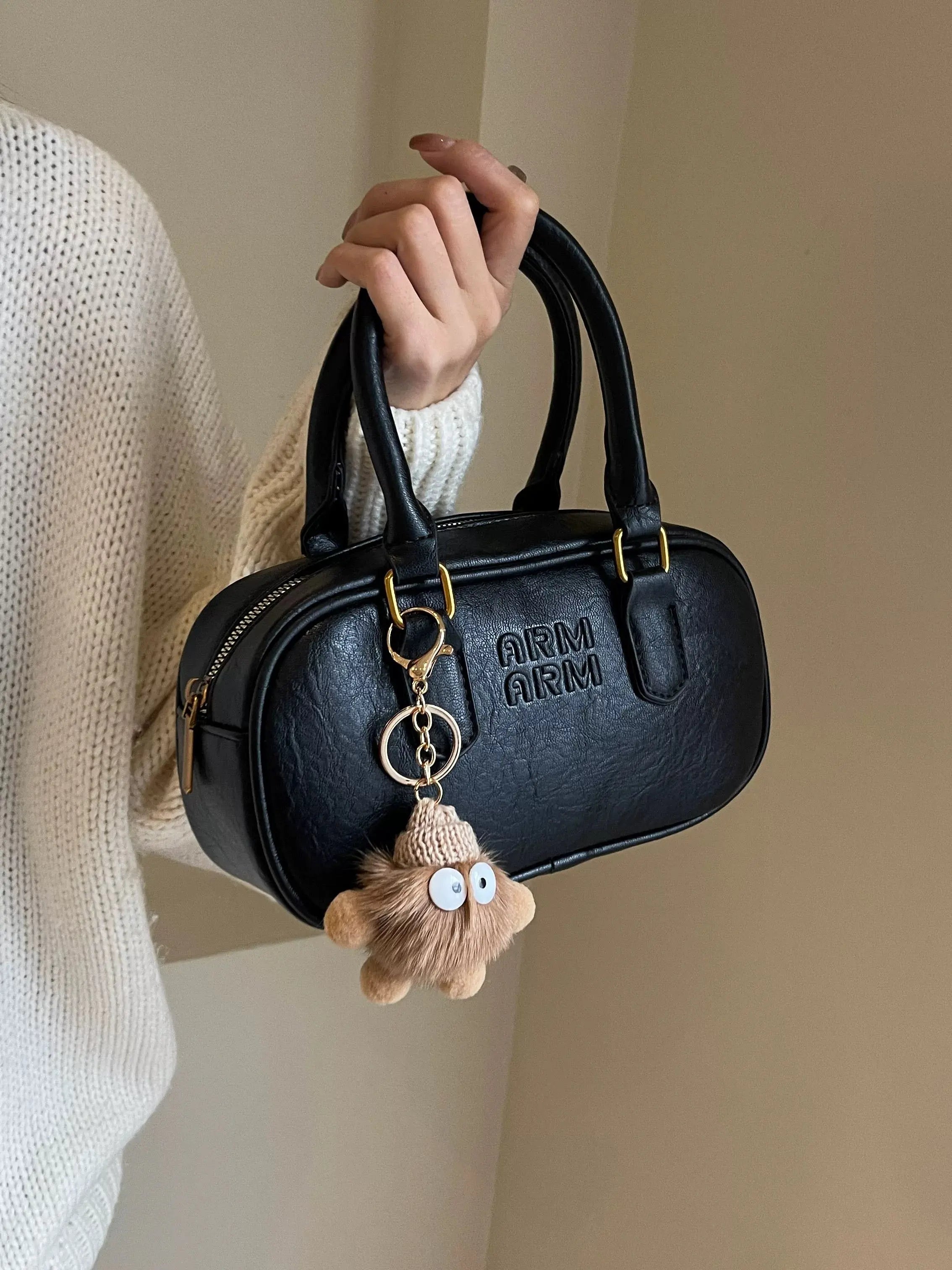 Vintage Mini Boston Bag Cute Shoulder Handbag with Plush Charm