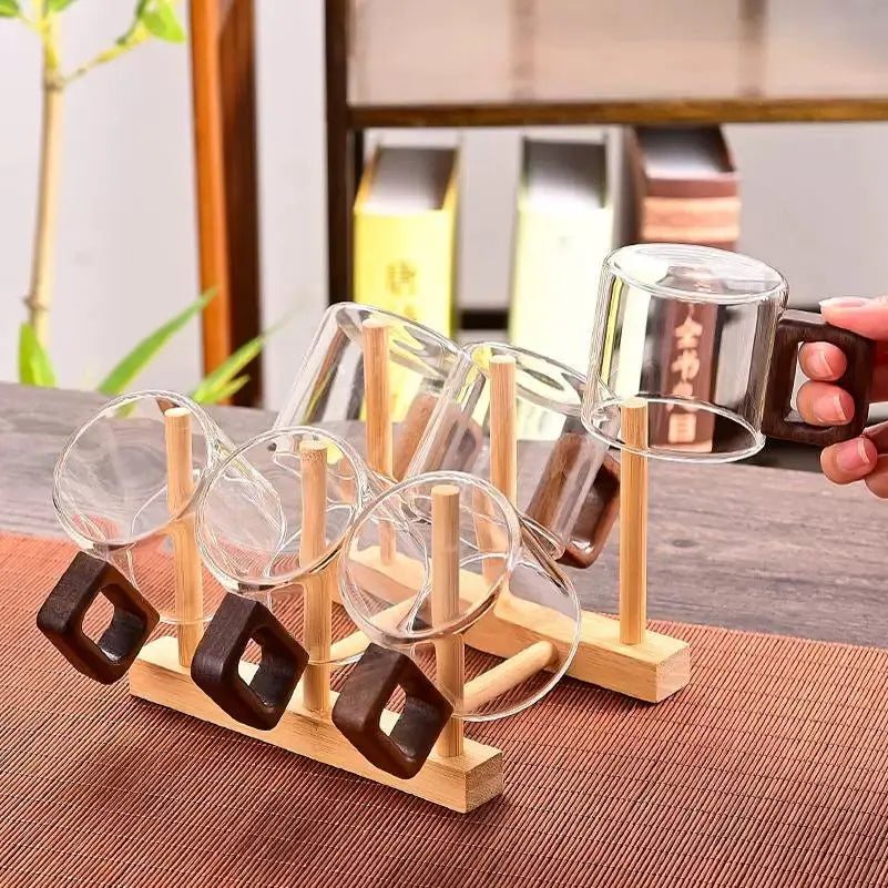 Pack Of 6 Wooden Cup Drying Rack with Glass Mugs Kitchen Organizer & Holder Set Sparkels  Sparkels