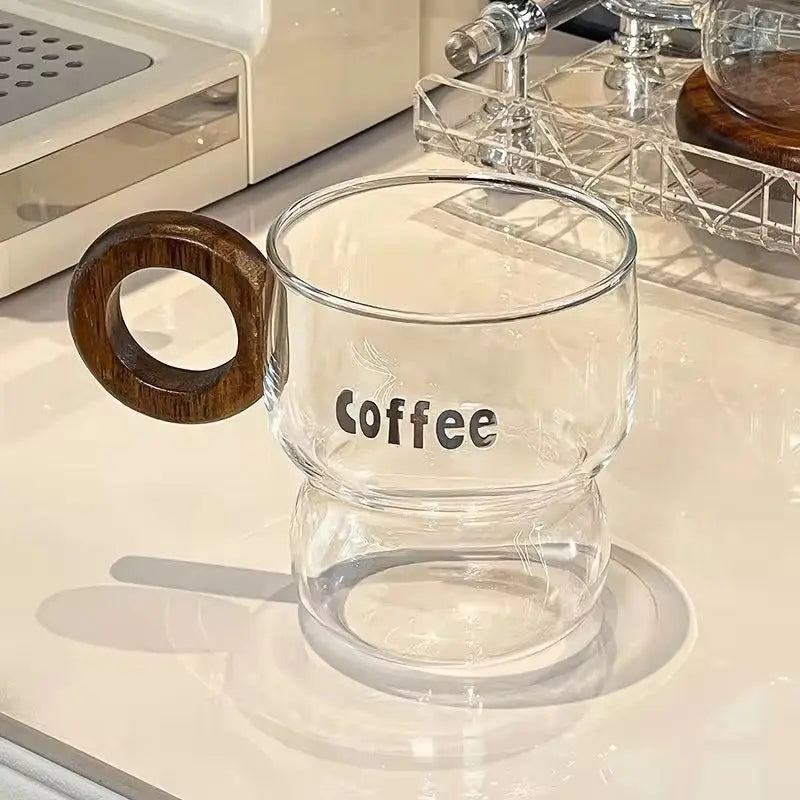 Elegant Double Layer Glass Coffee Mug with Wooden Handle & Coaster Set
