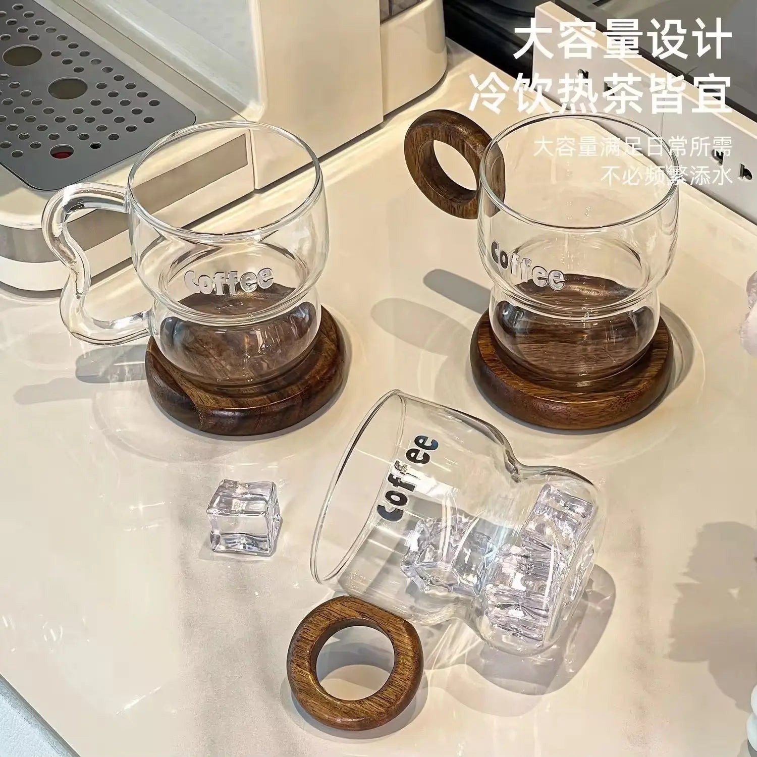 Elegant Double Layer Glass Coffee Mug with Wooden Handle & Coaster Set