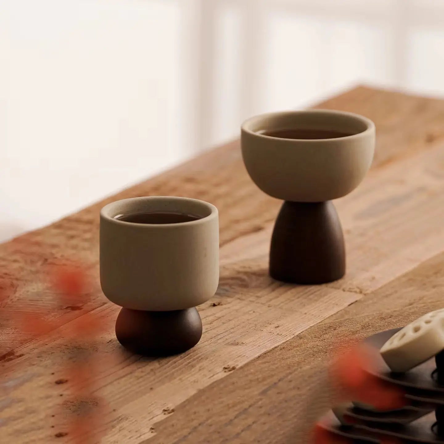 Minimalist Ceramic Pedestal Bowl with Wooden Base Aesthetic Dessert & Snack Cup