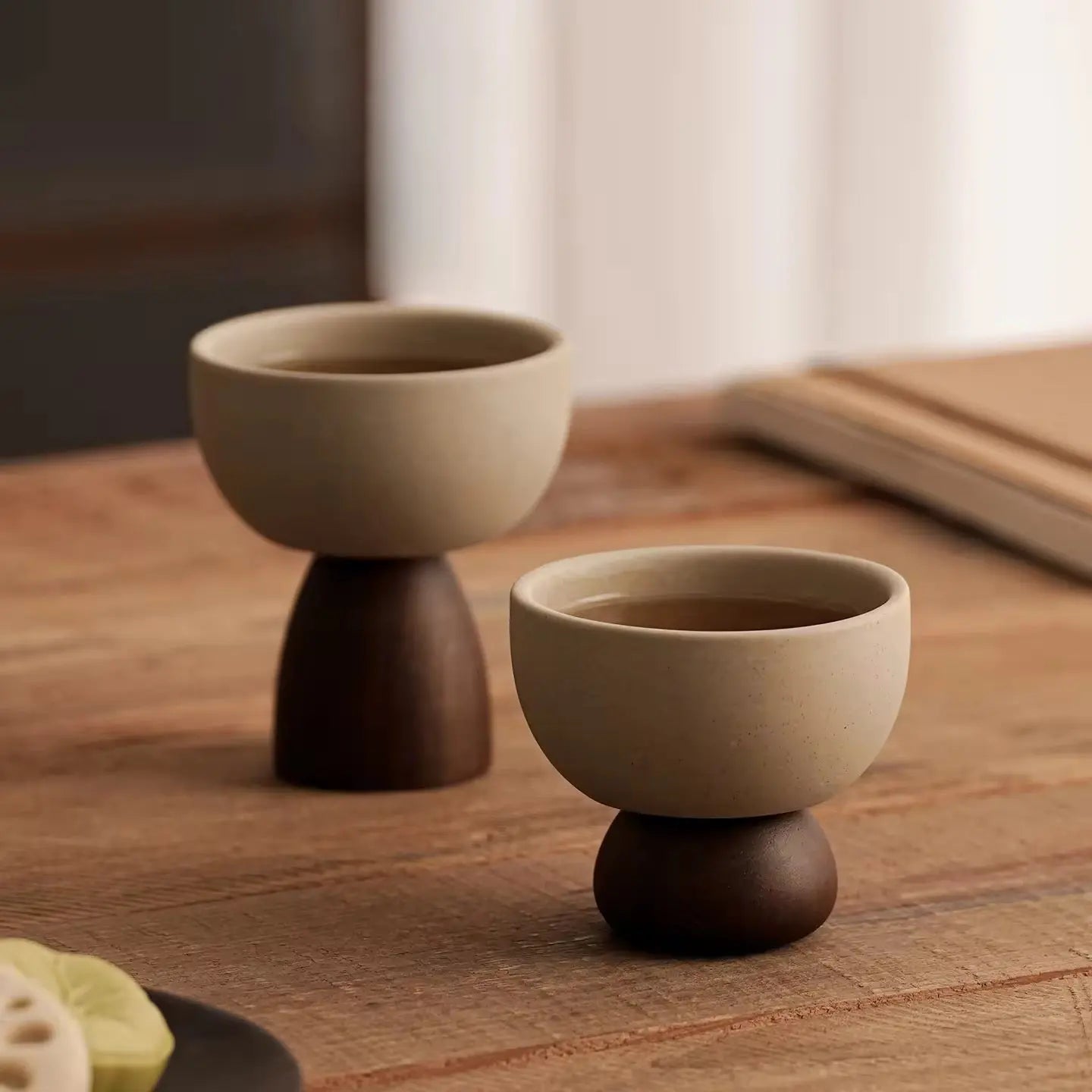 Minimalist Ceramic Pedestal Bowl with Wooden Base Aesthetic Dessert & Snack Cup