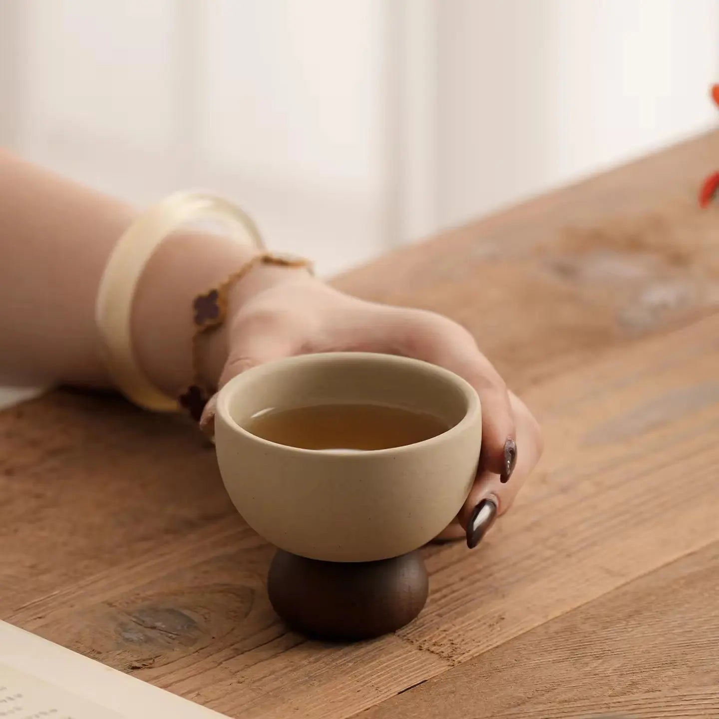 Minimalist Ceramic Pedestal Bowl with Wooden Base Aesthetic Dessert & Snack Cup